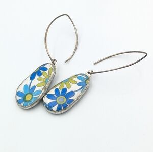 Vintage 925 sterling silver blue and white floral dangle earrings